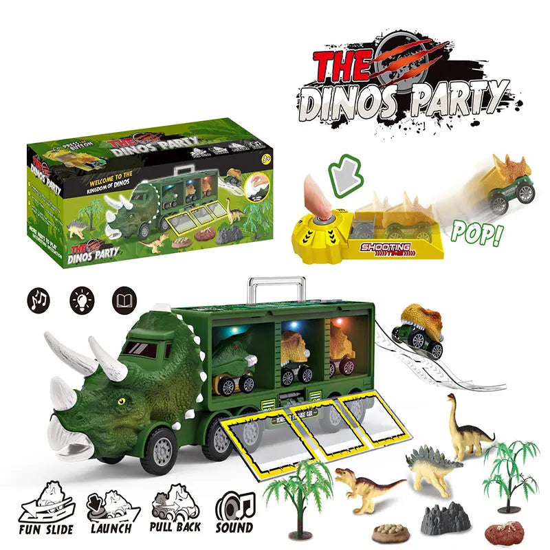 🦖🚛 Camión de transporte de dinosaurios interactivo: con luces, sonidos y figuras móviles; ¡embárcate en una divertida aventura prehistórica! ✨🎮
