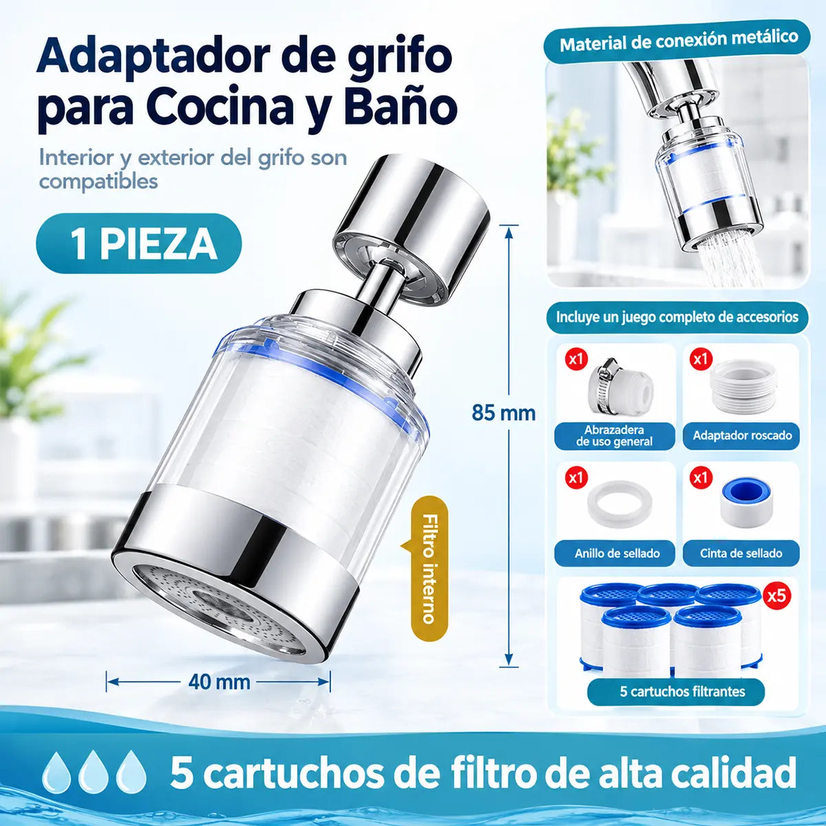 🚰 Boquilla de filtro para grifo con rotación de 360° | Accesorio flexible para fregadero