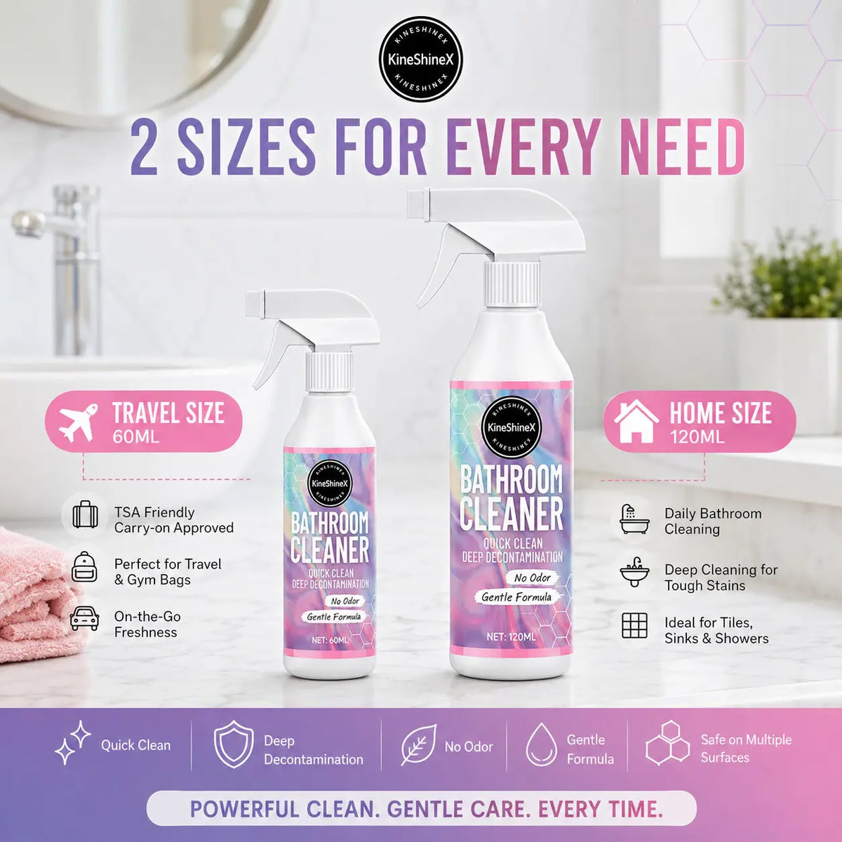 1 fľaša 60ml+ 1 fľaša 120ml+uterák*2-22€--⏰ Čistič kúpeľne – účinne rozpúšťa vodný kameň a plesne a zároveň bráni ich opätovnému vzniku. Vaša kúpeľňa bude vyzerať ako nová.
