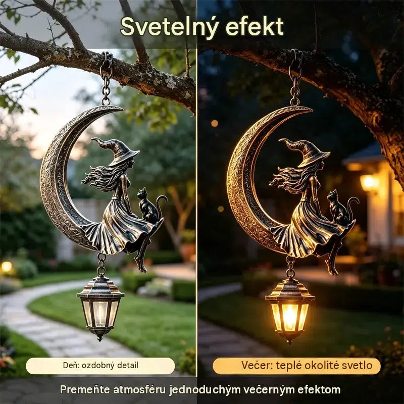🌙🔮Solárna závesná lampa s čarodejnicou na Mesiaci — Vintage bronzová gotická záhradná dekorácia s čarodejnicou a čiernou mačkou