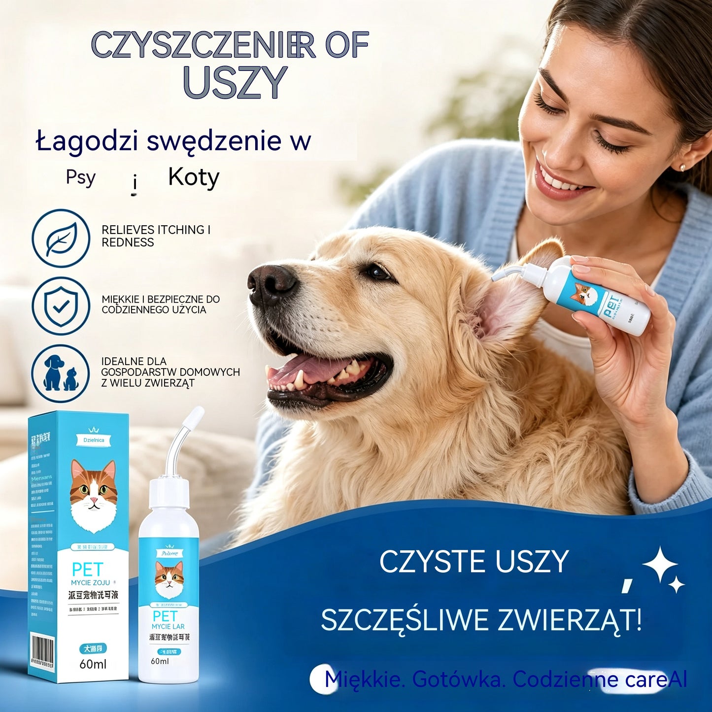 🐶🐱 Środek do czyszczenia uszu łagodzący swędzenie u psów i kotów.