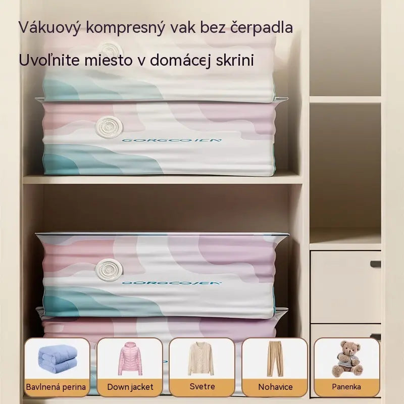 🧳 5 kusov za 25 eur 💨 Veľké, stlačiteľné vákuové úložné vrecko: nevyžaduje pumpičku, je nepriepustné a ideálne na úsporu miesta v kufri a doma ✈️