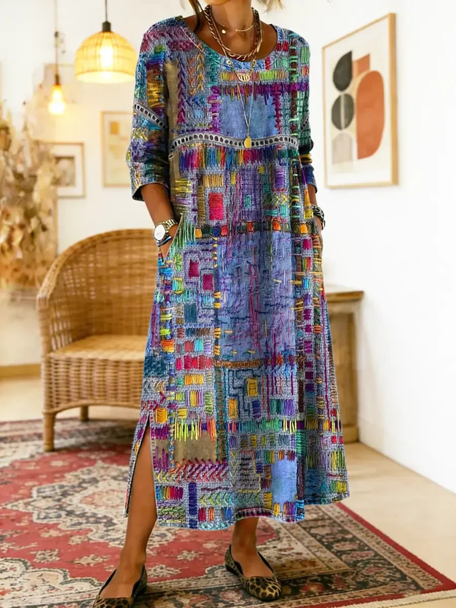 ✨ Ostatni dzień, 50% zniżki! 【S-5XL】Letnia sukienka w stylu retro, okrągły dekolt, nadruk – lekka i przewiewna, dobrze się układa, łatwa do dopasowania.