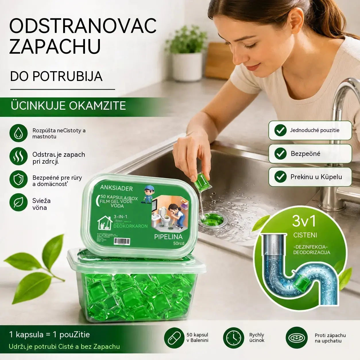 2 pakiranja (100 tableta) za 23 eura.. Kapsule topljive u vodi za uklanjanje mirisa iz odvoda – savršeno rješenje za sprječavanje širenja neugodnih mirisa u kupaonicama i kuhinjama.