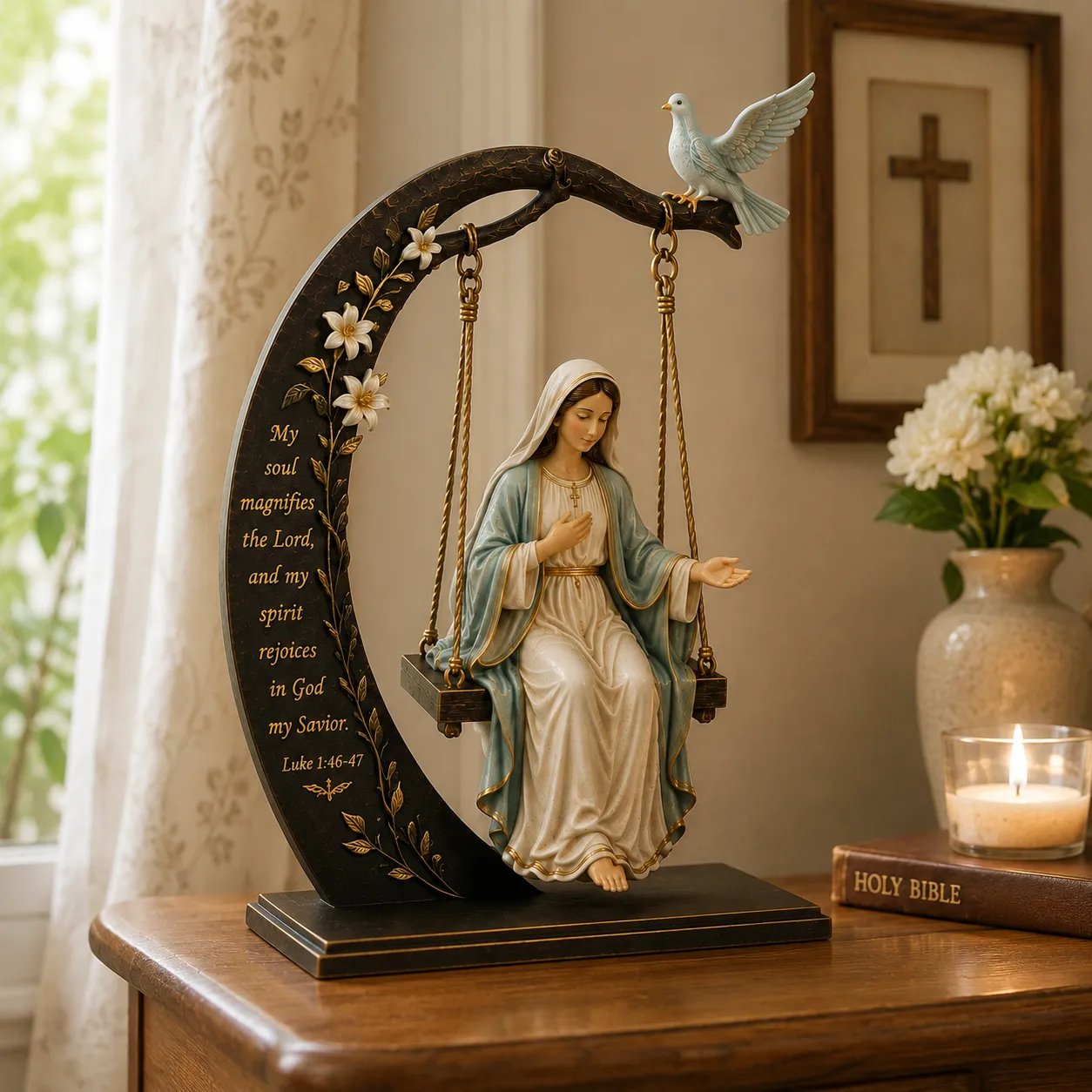 ✝️ Ozdoba na kolísku Panny Márie – Lukáš 1:46–47 Dekorácia na stôl s vierou | Modlitebná socha Panny Márie s holubicou a polmesiacom, dekorácia do domácnosti
