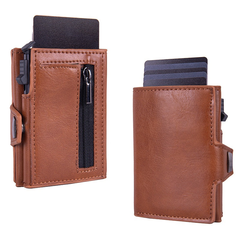 Cartera tarjetero con sistema de expulsión automática, protección RFID y seguridad antirrobo (cuero auténtico)