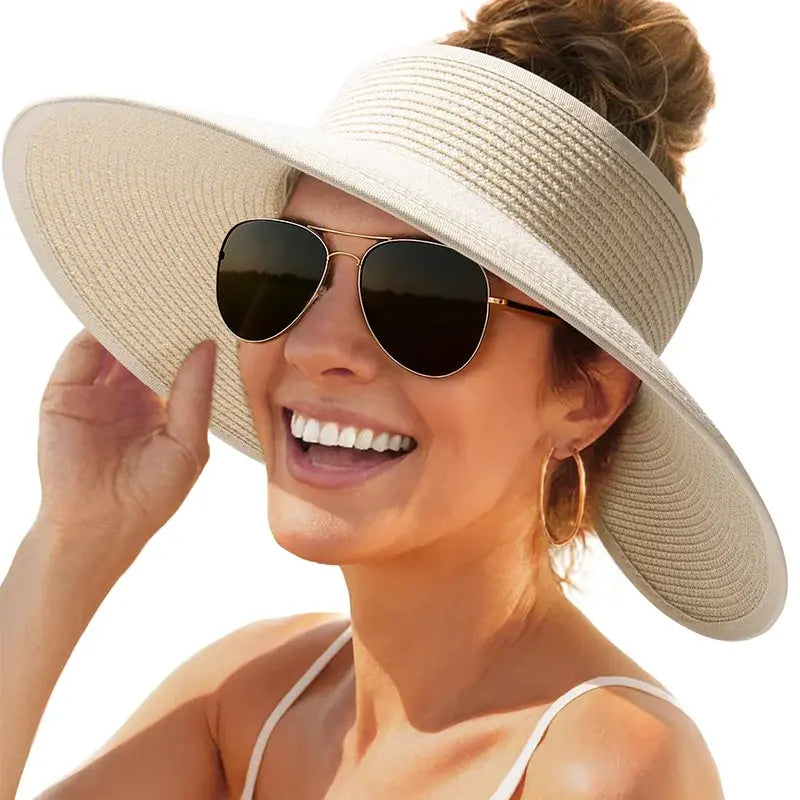 🏖 Sombrero de sol para mujer, sombrero de paja con protección UV UPF para la playa, sombrero de verano plegable de ala ancha para coletas, fácil de guardar y transportar.
