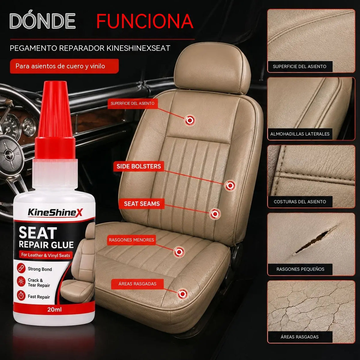 🚗 Adhesivo de secado rápido para cuero de asientos de coche: adhesivo de vinilo y cuero con boquilla de precisión, apto para asientos de coche, sofás y muebles de cuero.