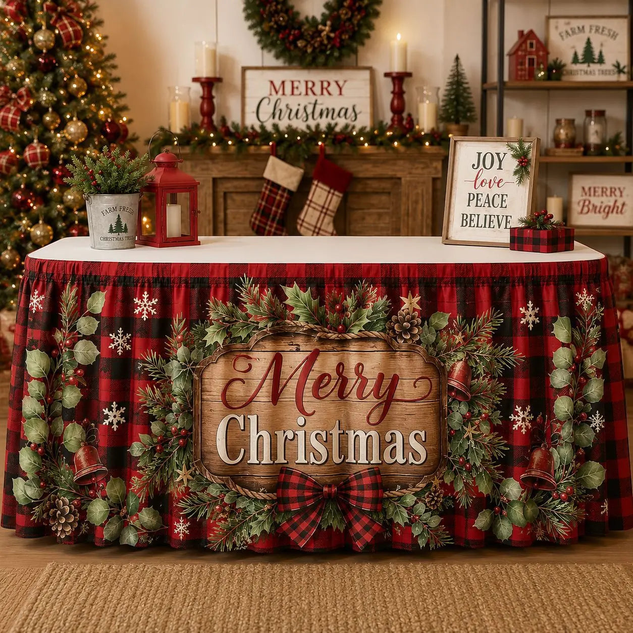 【210cm*75cm】 Mantel con estampado de Santa Claus y renos para fiestas navideñas