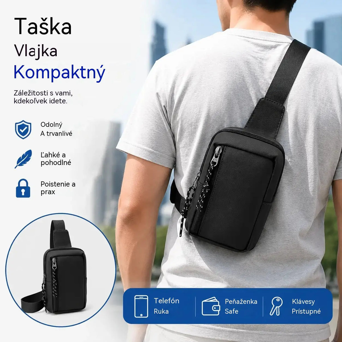 Taška cez rameno s viacerými priehradkami a zadným vreckom proti krádeži: chráni vaše cennosti.