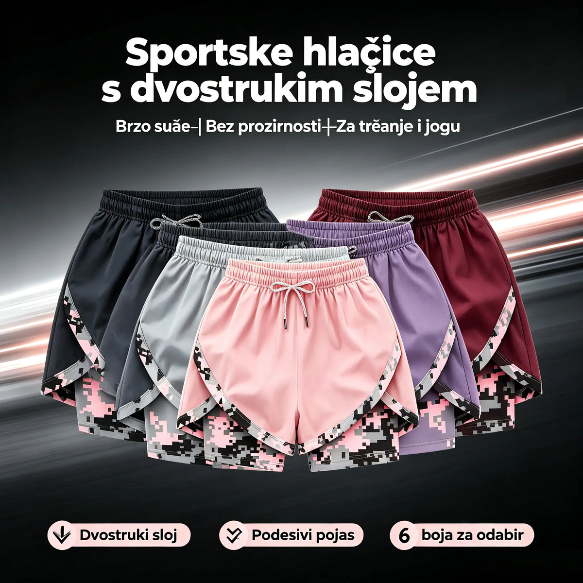 【XXS-2XL】Novi sportski šorc: brzosušeći šorc za fitness s dizajnom „lažnog dvodijelnog” kroja za ljeto, koji pruža zaštitu od neželjenog otkrivanja tijela.