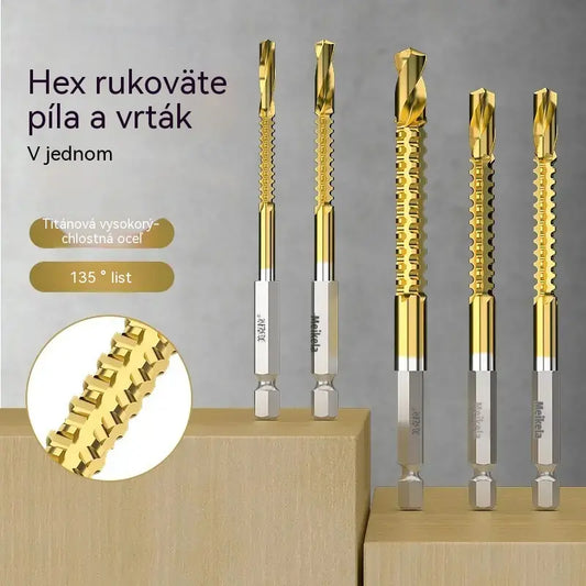 🛠️🔧(6 kusů)2v1 titanem potažen vysokorychlostní ocelový spirálový vrták – šestihranná stopka, vhodný pro vrtání a drážkování dřeva a kovu🔩