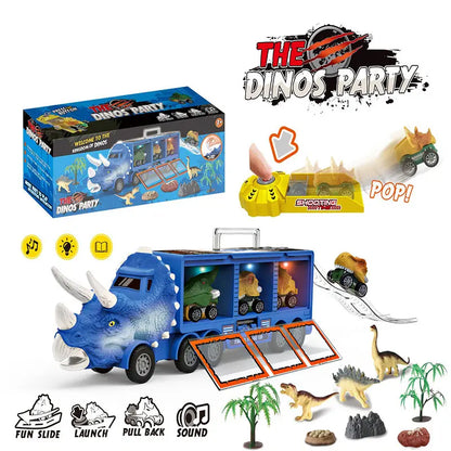 🦖🚛 Camión de transporte de dinosaurios interactivo: con luces, sonidos y figuras móviles; ¡embárcate en una divertida aventura prehistórica! ✨🎮