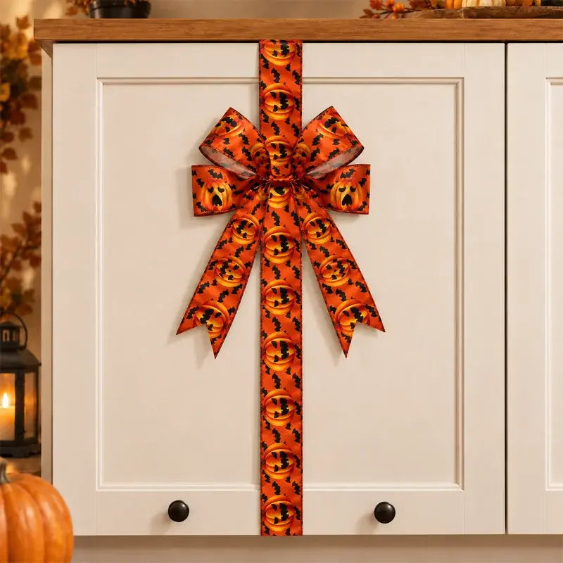 2 piezas 26€ 🎃 Decoración de lazo para armarios de Halloween: Divertida corona de cinta con forma de calabaza para armarios de cocina