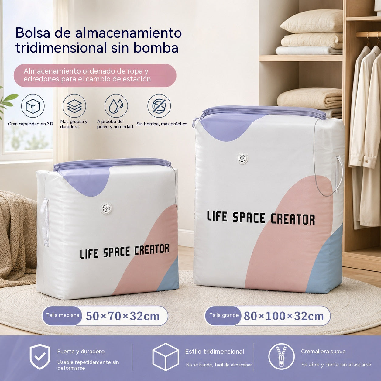 🧳【Juego de 5 piezas】💨 Bolsa de almacenamiento al vacío grande y compresible: no requiere bomba, es a prueba de fugas e ideal para ahorrar espacio en maletas y en casa ✈️