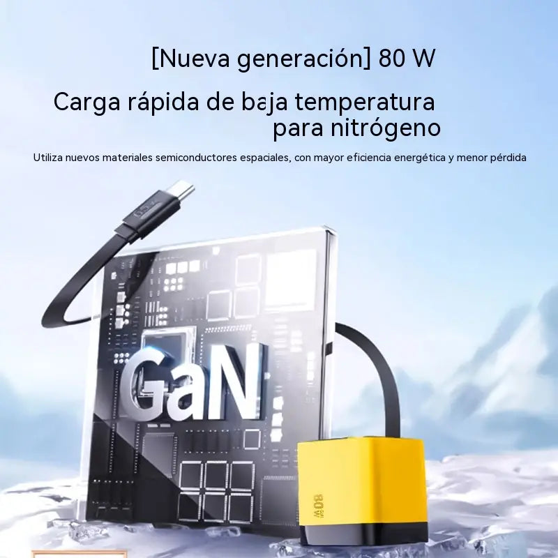 Cargador de pared de carga rápida de 80 W con cable USB-C retráctil de 80 cm.