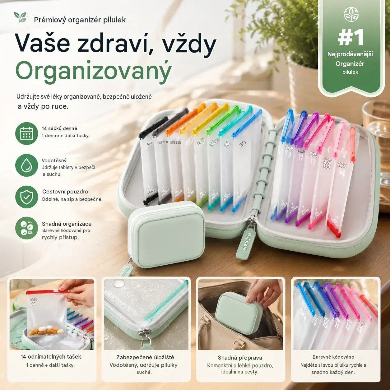 💊 Přenosné pouzdro na léky a organizér – Uspořádejte si léky a získejte bezpečný pořádek. Vezměte si léky kamkoli s sebou!