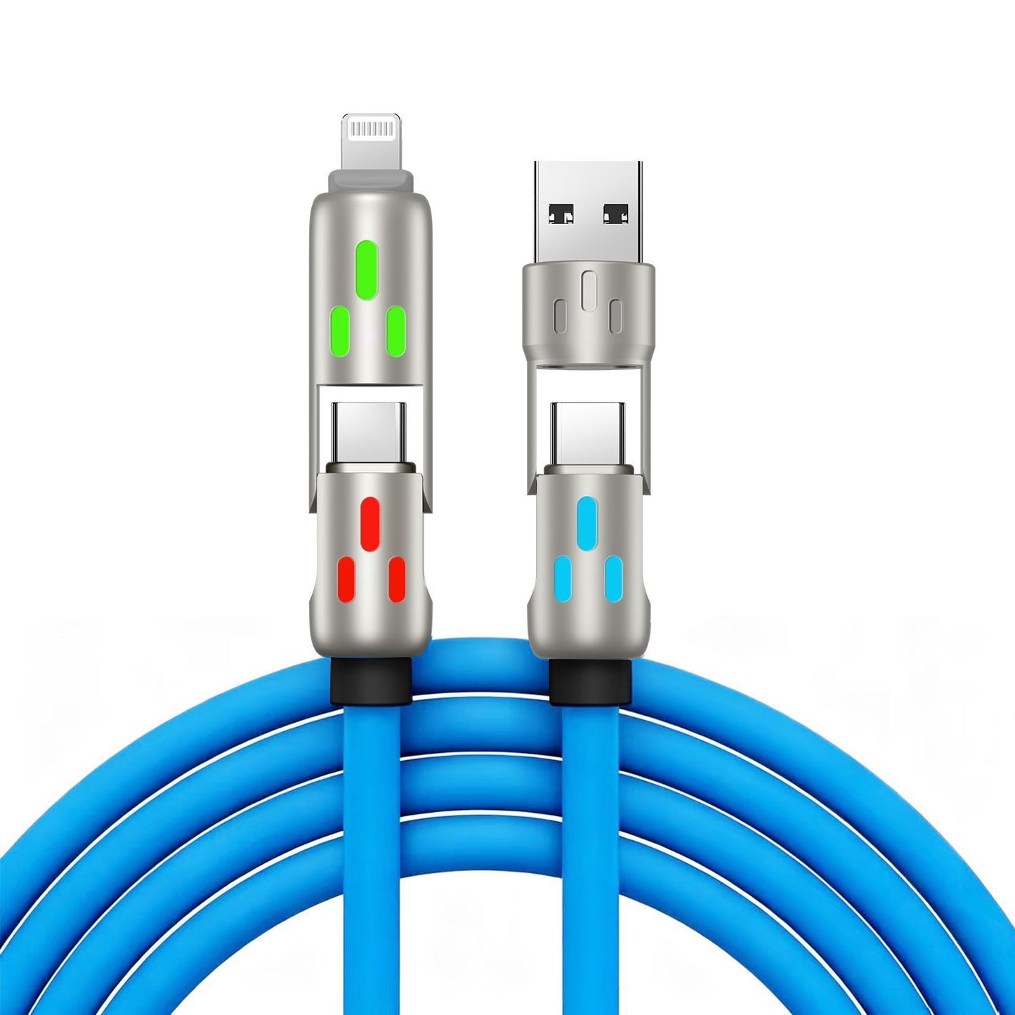 🔥 【2 kusy za 21 eur】 🔥 (dĺžka 2 metre) Kábel 4 v 1 PD 240 W – rýchle nabíjanie cez USB‑C, Lightning a USB‑A, hliník a silikón, synchronizácia dát ⚡📱