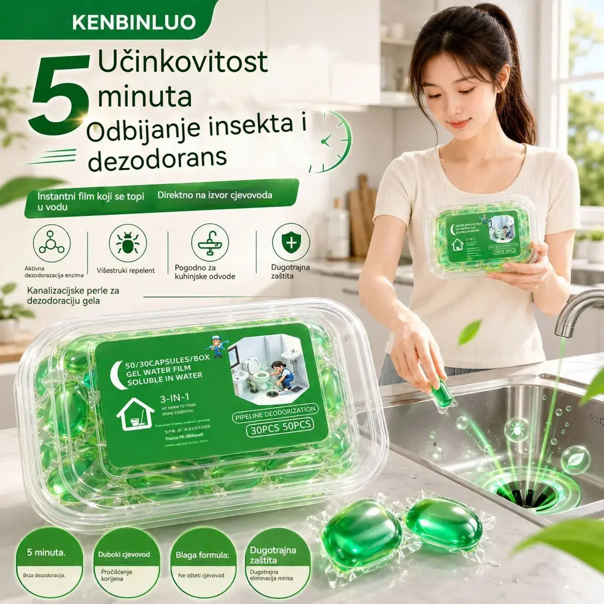 2 pakiranja (100 tableta) 👍Kapsule topljive u vodi za uklanjanje neugodnih mirisa iz odvoda - savršeno rješenje za sprječavanje širenja mirisa u kupaonicama i kuhinjama.