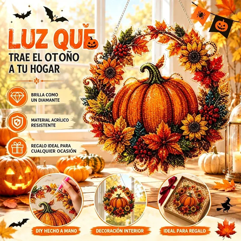 🍂 Corona de calabaza otoñal con diseño de rombos para colgar – Kit completo para armar tú mismo