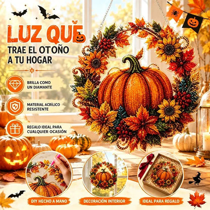🍂 Corona de calabaza otoñal con diseño de rombos para colgar – Kit completo para armar tú mismo