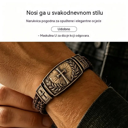 Muška pletena kožna narukvica s križem i maslinovim vijencem, vintage antikni metal, poseban poklon