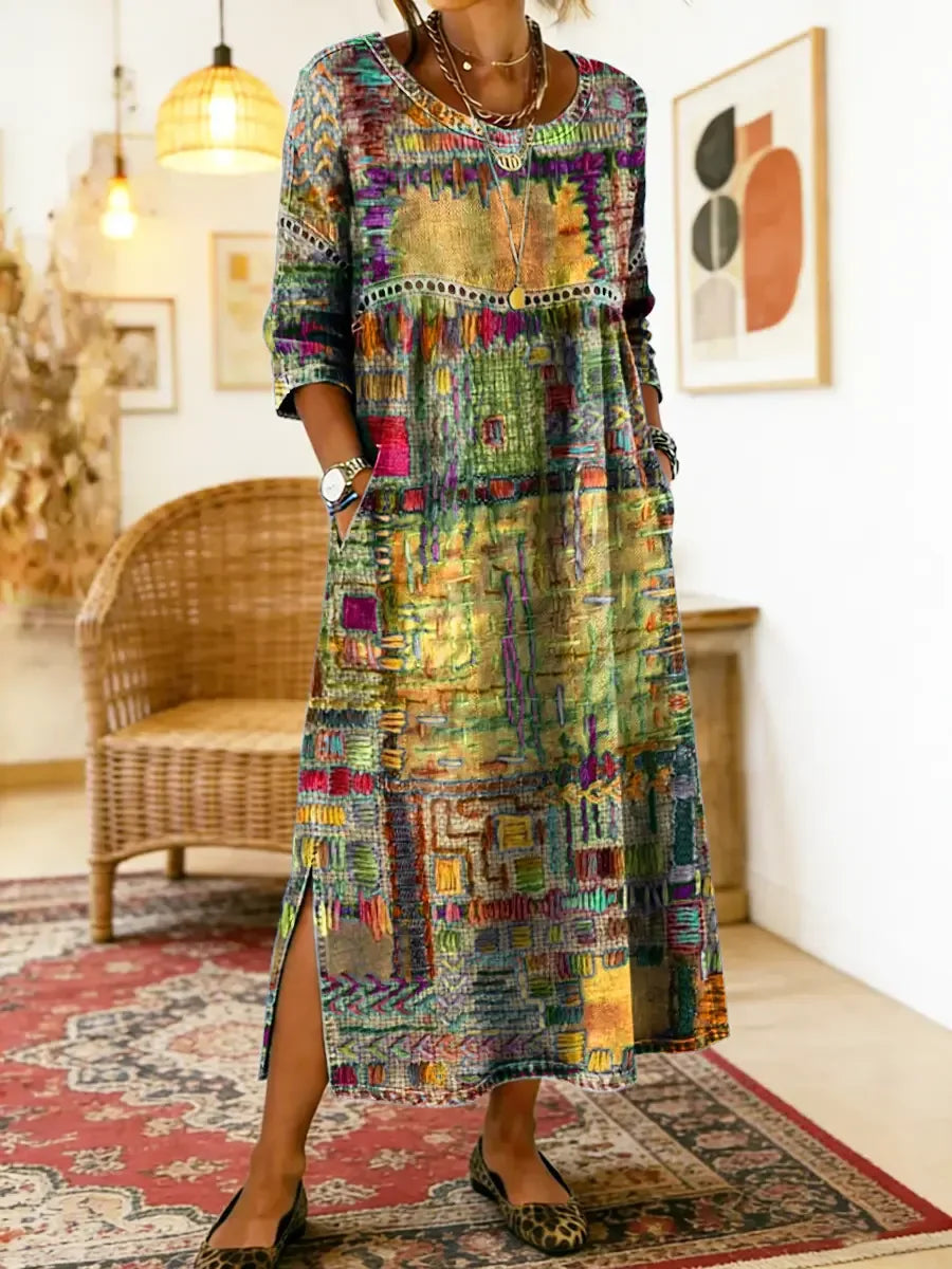✨ Ostatni dzień, 50% zniżki! 【S-5XL】Letnia sukienka w stylu retro, okrągły dekolt, nadruk – lekka i przewiewna, dobrze się układa, łatwa do dopasowania.