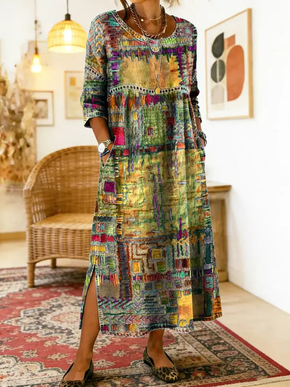✨ Ostatni dzień, 50% zniżki! 【S-5XL】Letnia sukienka w stylu retro, okrągły dekolt, nadruk – lekka i przewiewna, dobrze się układa, łatwa do dopasowania.
