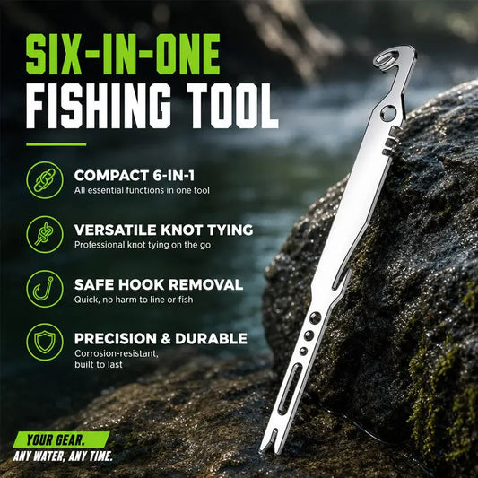 10 piezas 25 €-🎣 🎣 ¡Oferta a mitad de precio! 🔧 Juego de herramientas de pesca 6 en 1 de acero inoxidable: incluye extractor de anzuelos, anudador de línea y otras funciones versátiles. 🌊