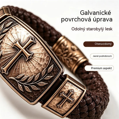 Pánsky náramok z pletenej kože s krížom a olivovou korunou, kov v štýle vintage, výnimočný darček