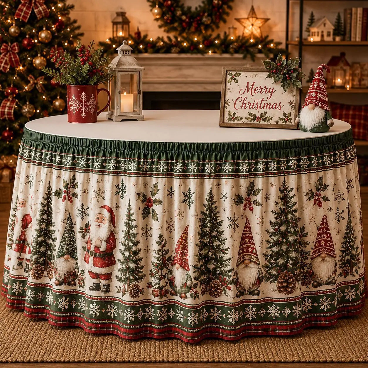 【210cm*75cm】 Mantel con estampado de Santa Claus y renos para fiestas navideñas