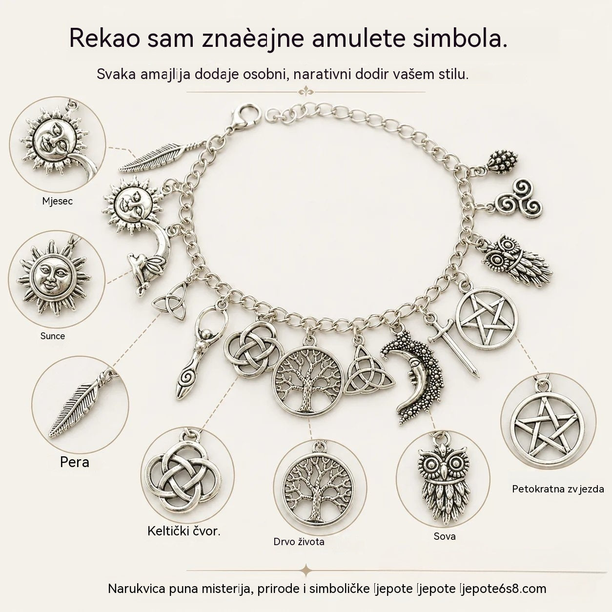 Narukvica s privjescima u vintage stilu, puna misterije, dizajnirana posebno za žene - nakit u zvjezdanom, gotičkom i boemskom stilu 🔮✨