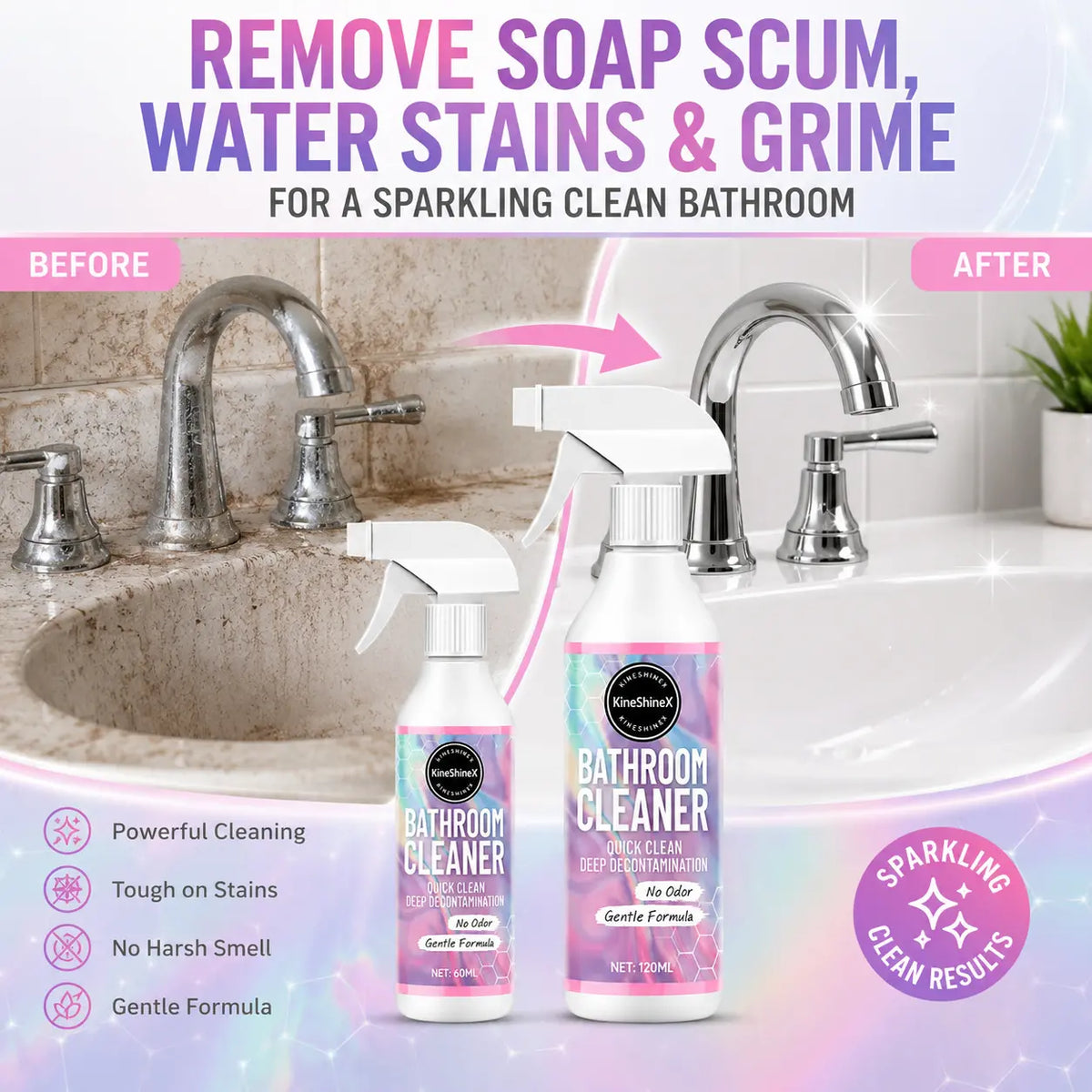 1 fľaša 60ml+ 1 fľaša 120ml+uterák*2-22€--⏰ Čistič kúpeľne – účinne rozpúšťa vodný kameň a plesne a zároveň bráni ich opätovnému vzniku. Vaša kúpeľňa bude vyzerať ako nová.