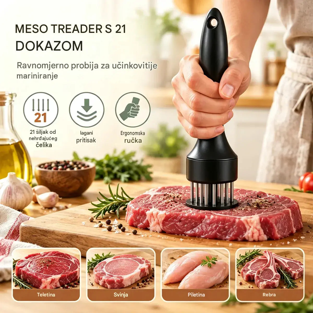 Omekšivač od nehrđajućeg čelika s 21 iglom, pogodan za odreske, roštiljanje i kuhanje.