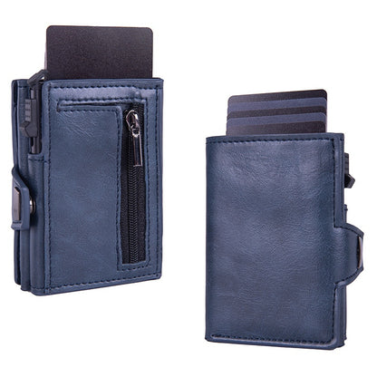 Cartera tarjetero con sistema de expulsión automática, protección RFID y seguridad antirrobo (cuero auténtico)