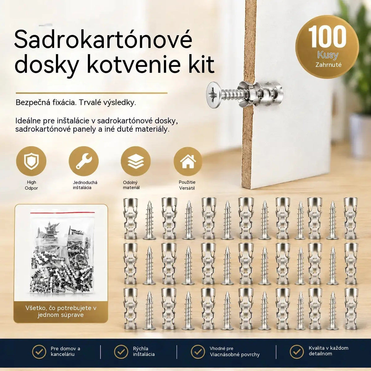 🛠️【100 párov】🔩 Sada samovrtných kotiev pre sadrokartónové dosky so skrutkami 🧱 – Príslušenstvo na montáž na stenu, ktoré sa ľahko inštaluje