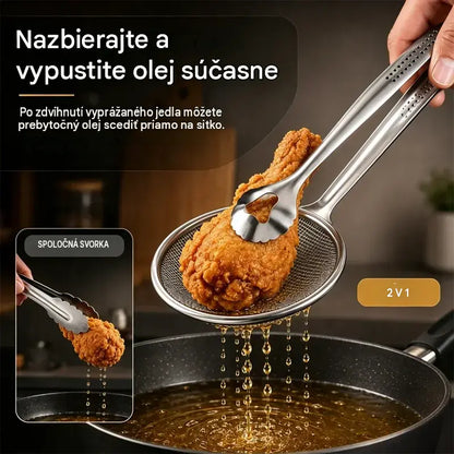2 v 1 kliešte na potraviny a sitko na olej z nehrdzavejúcej ocele
