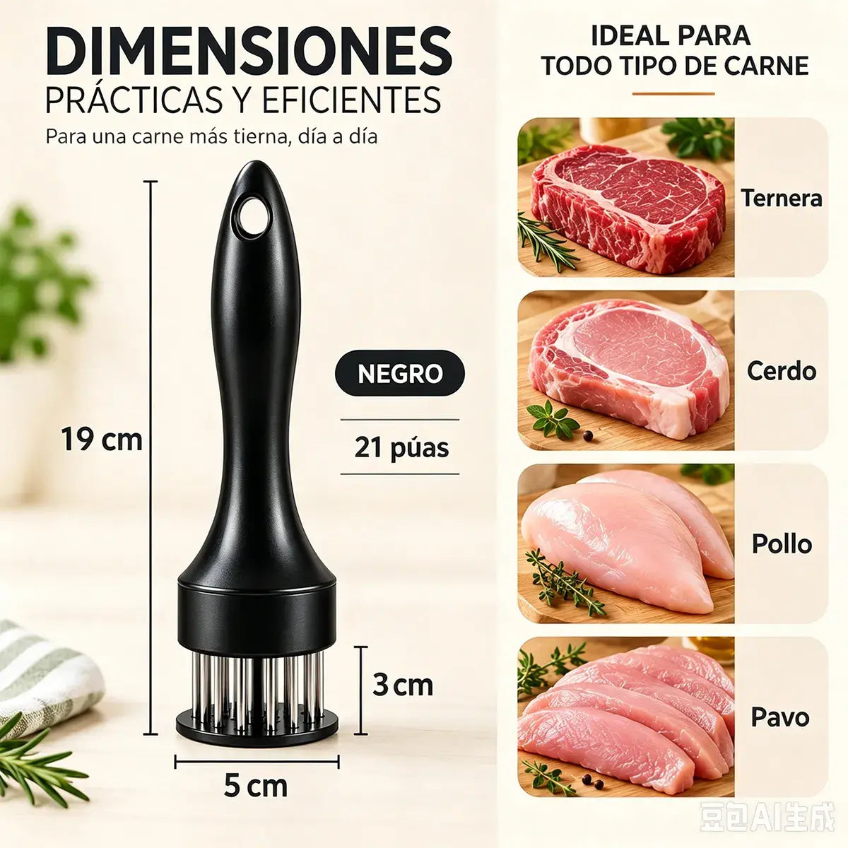 Aguja ablandadora de carne de acero inoxidable de 21 puntas para bistec, barbacoa y cocina.