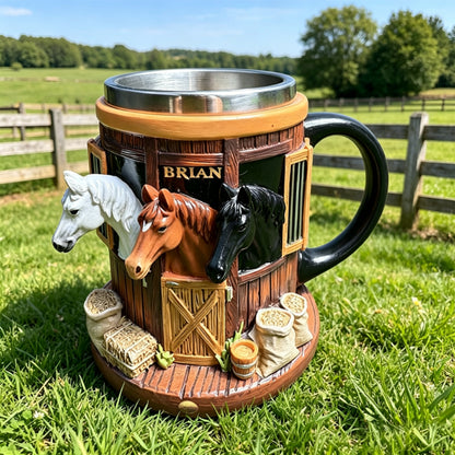 Taza de café con temática de granja y establo en 3D, taza de acero inoxidable con relieve 3D, regalo ideal para amantes de los caballos.