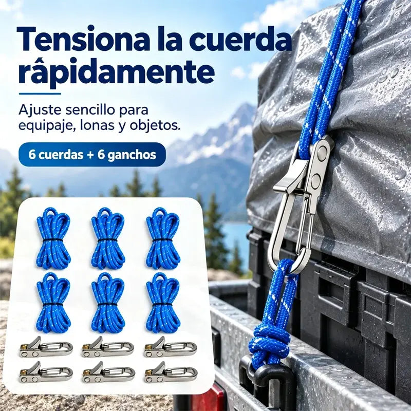 【6 cuerdas+6 ganchos】Herramienta para tensar y ajustar cuerdas y cabos