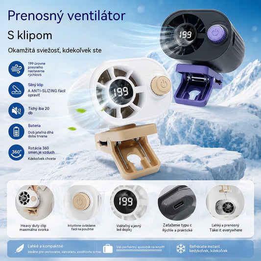 🌀 Hands-free ventilátor s LED displejom, integrovaným klipom a 199 nastaviteľnými rýchlosťami