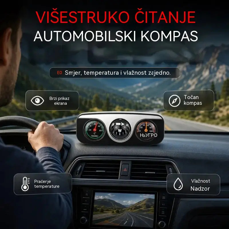 Visokoprecizni, višenamjenski, automobilski kompas tri u jednom (s termometrom).