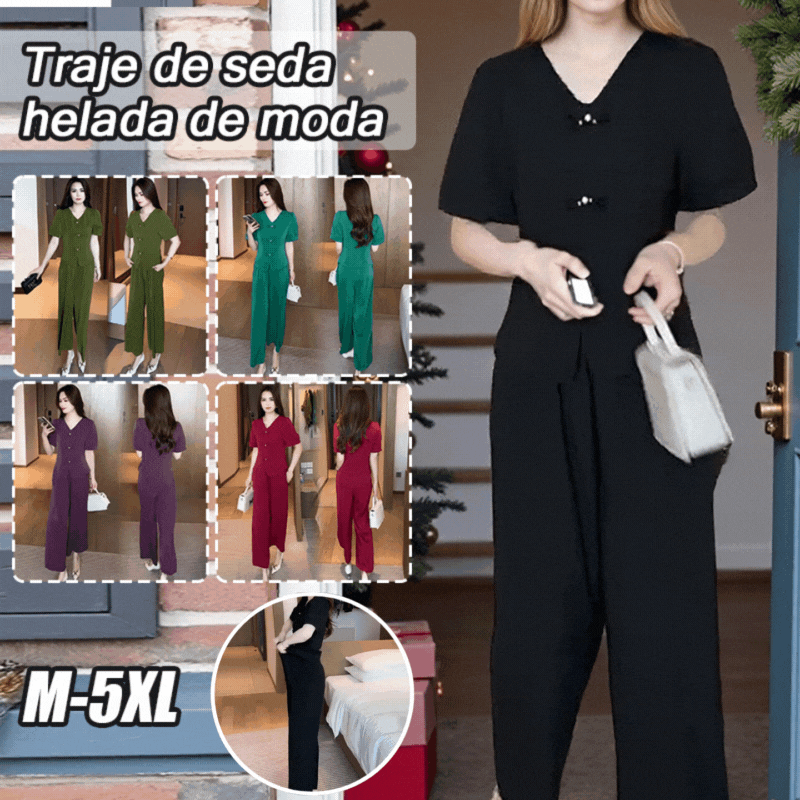 🌸【Top + Pantalones anchos】Traje de seda helada de moda