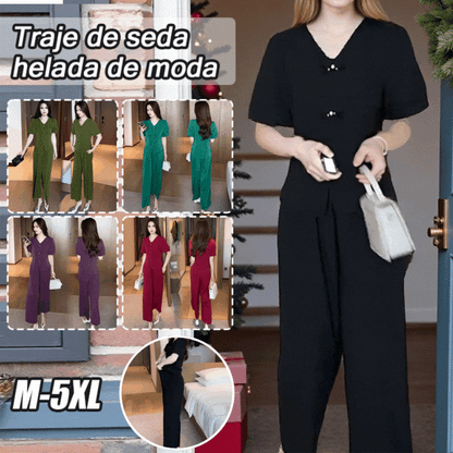 🌸【Top + Pantalones anchos】Traje de seda helada de moda