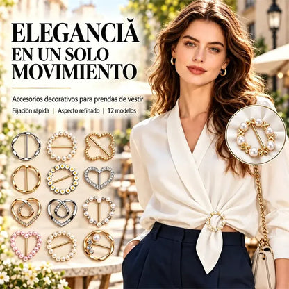 Set de 12 clips para dobladillo con forma de corazón y perla sintética para mujer; accesorios elegantes de diseño calado para blusas, camisetas y pañuelos