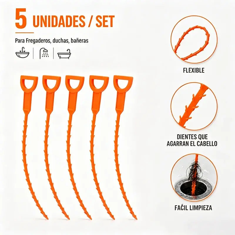 【5 piezas 24€】🛠️ Desatascador de tuberías flexible, duradero y fácil de usar: elimina rápidamente las obstrucciones en fregaderos, bañeras y tuberías 💧