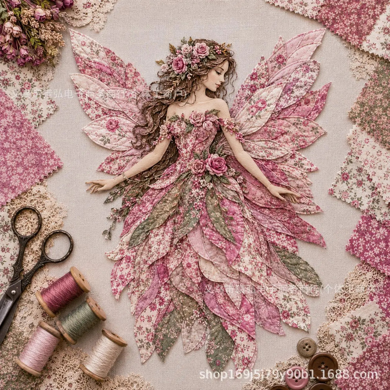 🧚‍♀️🌸 Set de patchwork premium "Hada": ¡tela de alta calidad con alas de flores, perfecta para decoraciones de pared de estilo fantástico hechas por ti mismo!