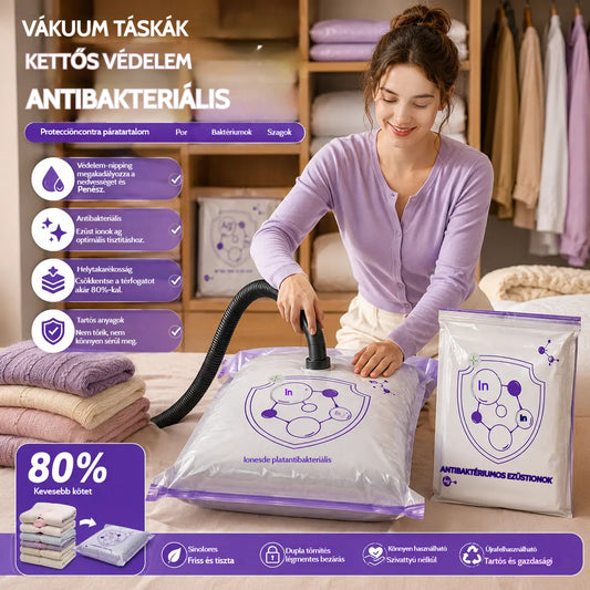 ✨(5 darab)💨 Nagy, összenyomható vákuumos tárolózacskó: nincs szükség pumpára, szivárgásmentes és ideális helytakarékosságra bőröndökben és otthon ✈️