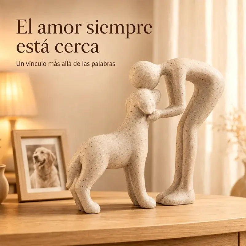 Escultura de perro para decoración del hogar. Linda estatua de hombre y perro.