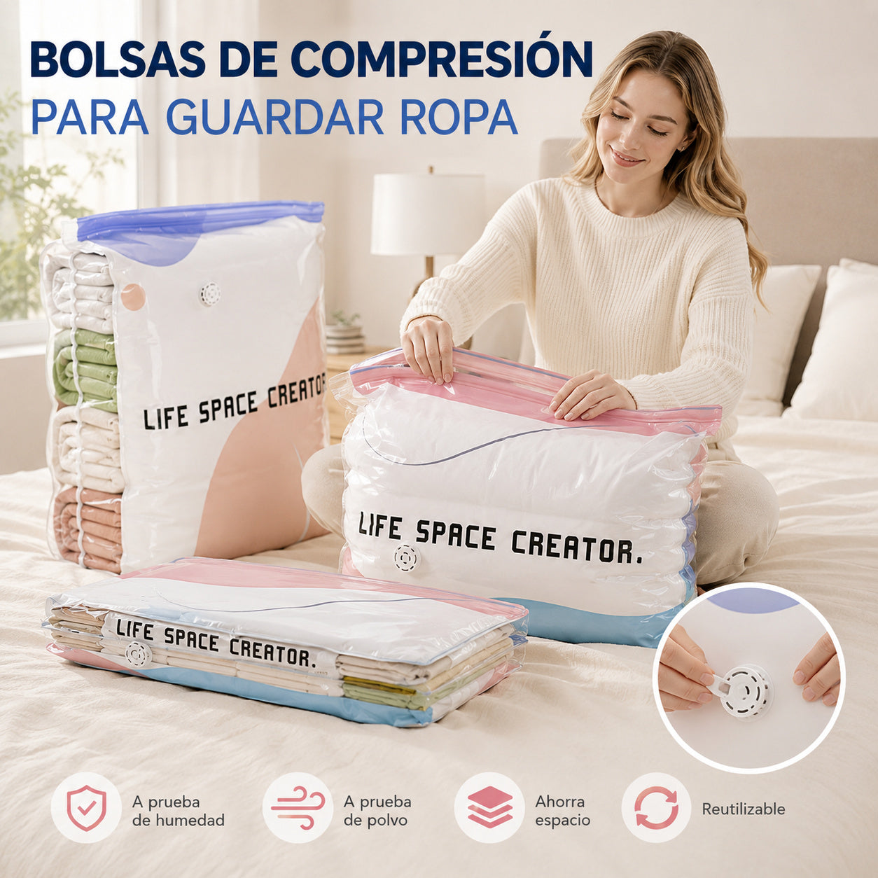 👕📦【5 piezas】Bolsas de compresión para guardar ropa, no requieren aspiradora, diseño reforzado.